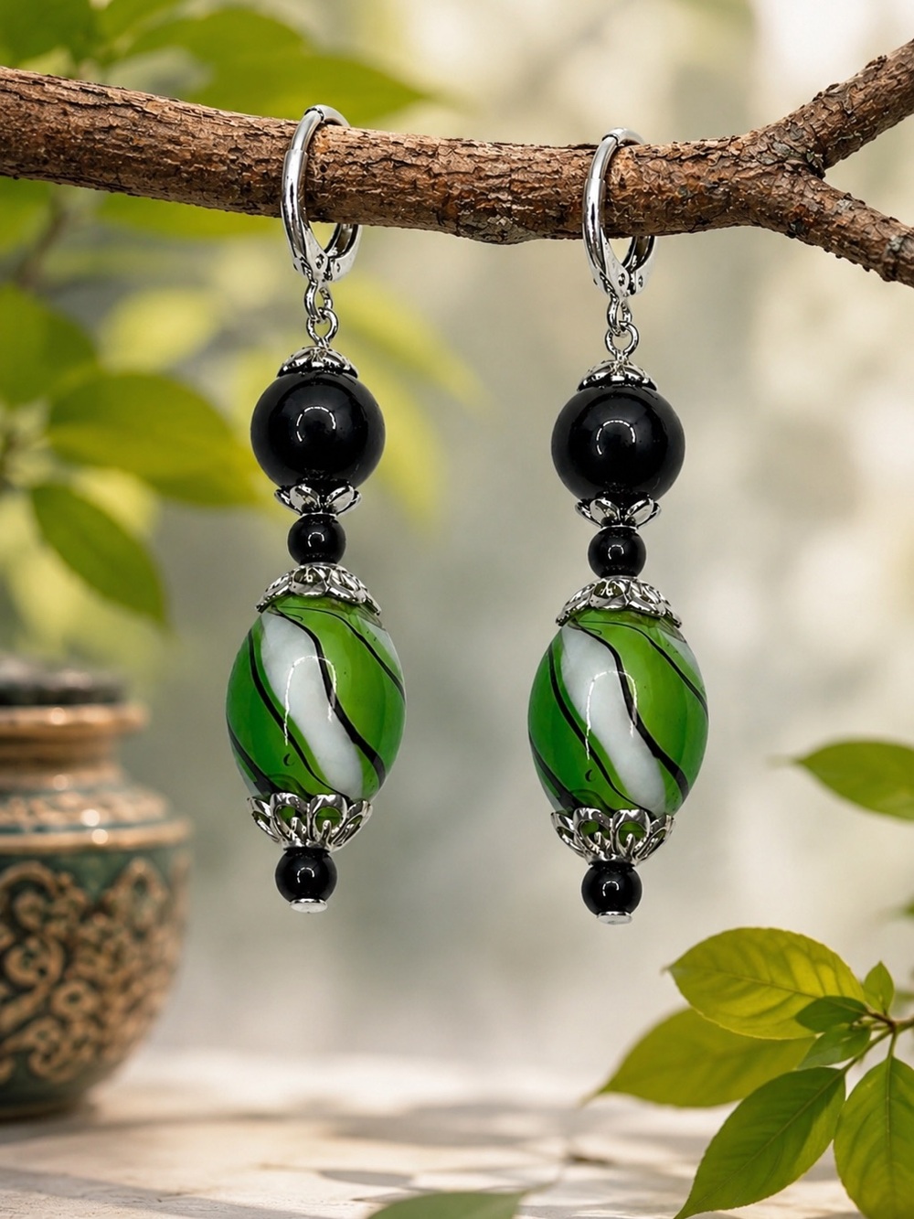 Green Black Glass Bead Earrings, Boho Dangle, Statement Drop